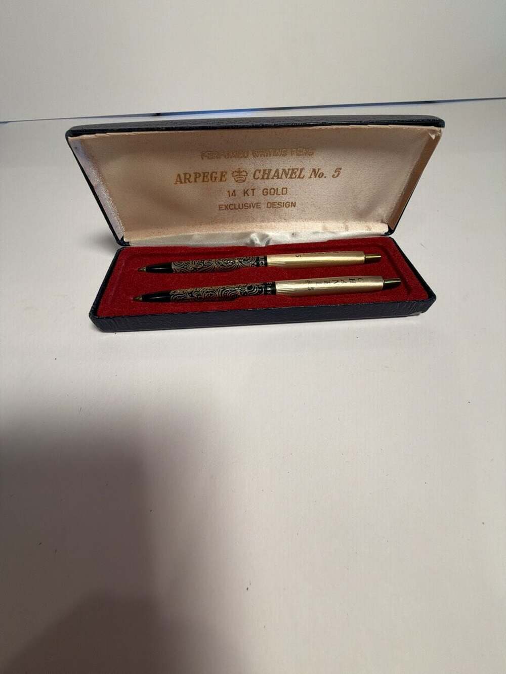 Vintage Arpege Chanel No. 5 14kt Gold Filigree Perfumed Writing Ballpoint Pens S